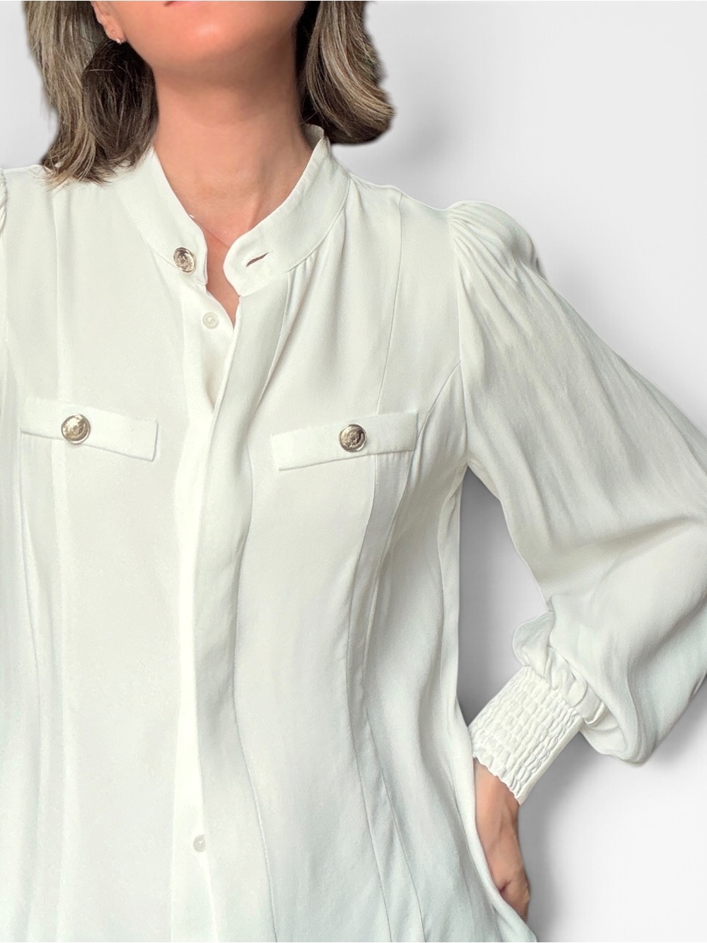 White House Black Market Ecru Utility Blouse Quiet Luxury Office Core Minimalist